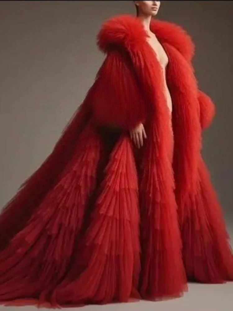 Red Fluffy Pleated Ruffled Lon - Women'S Red Formal Wear 评论和价格