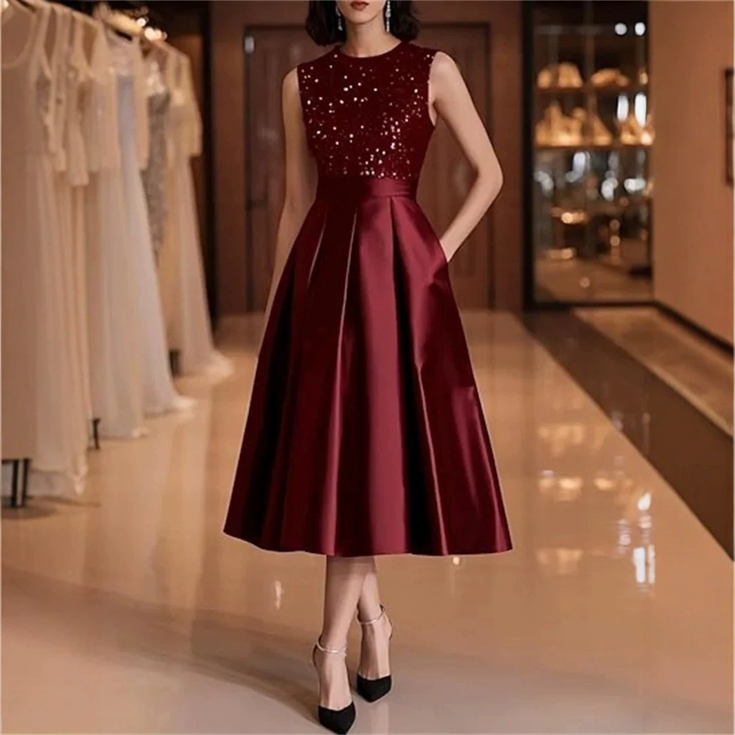 Burgundy Sequin Satin Midi Dre - Midi Dress 评论和价格